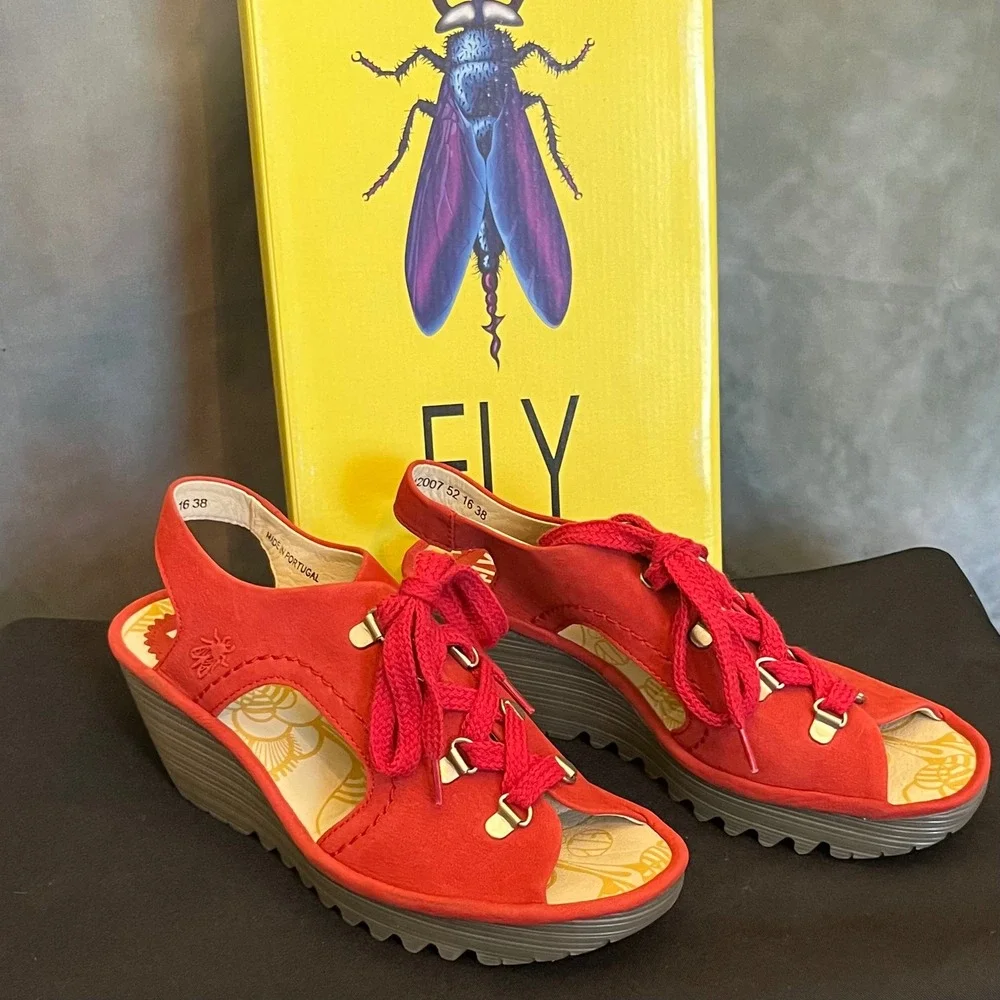FLY LONDON Ylfa Red‎ Suede Lace Up Wedge Sandals Women Size 38